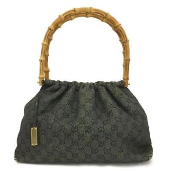 Gucci Bamboo GG Logo Navy Blue Canvas Hand Bag - Picture 2 of 14